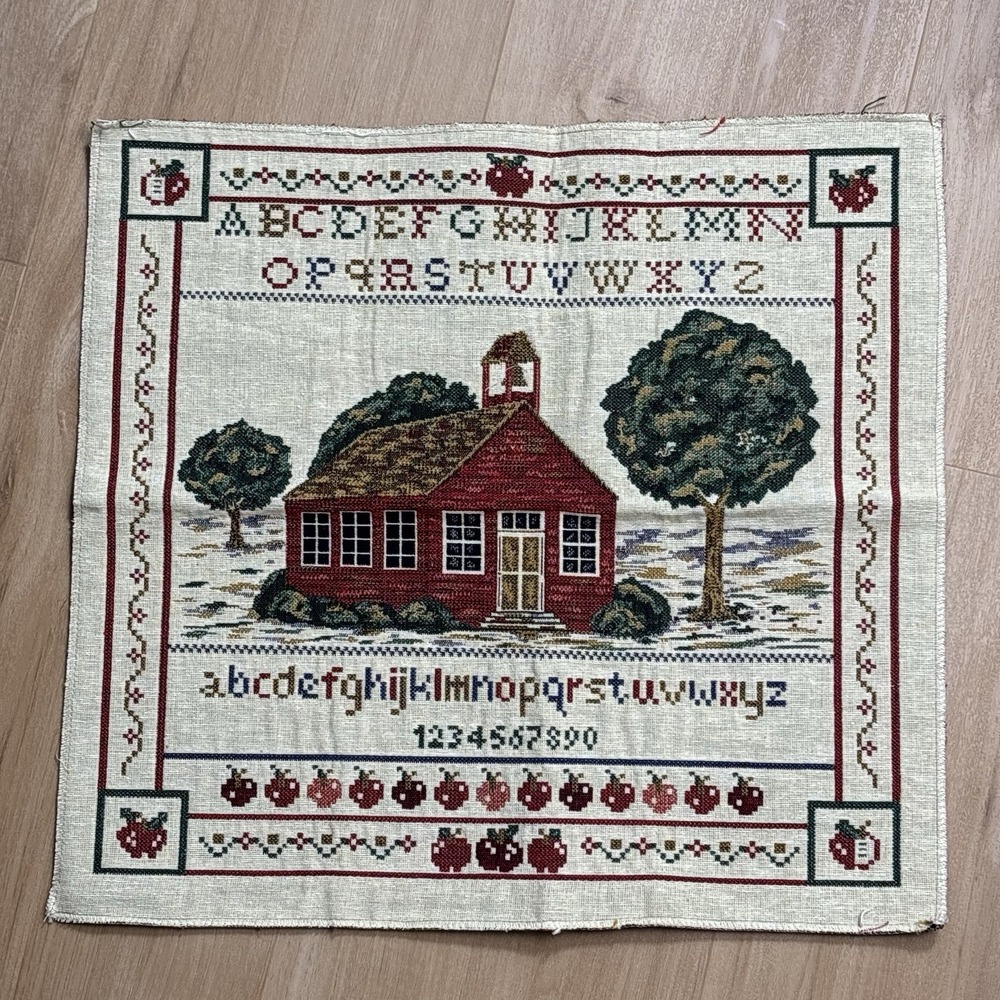 Vintage Schoolhouse Sampler Cross Stitch Tapestry Teacher Apples ABC 123 17"x18"